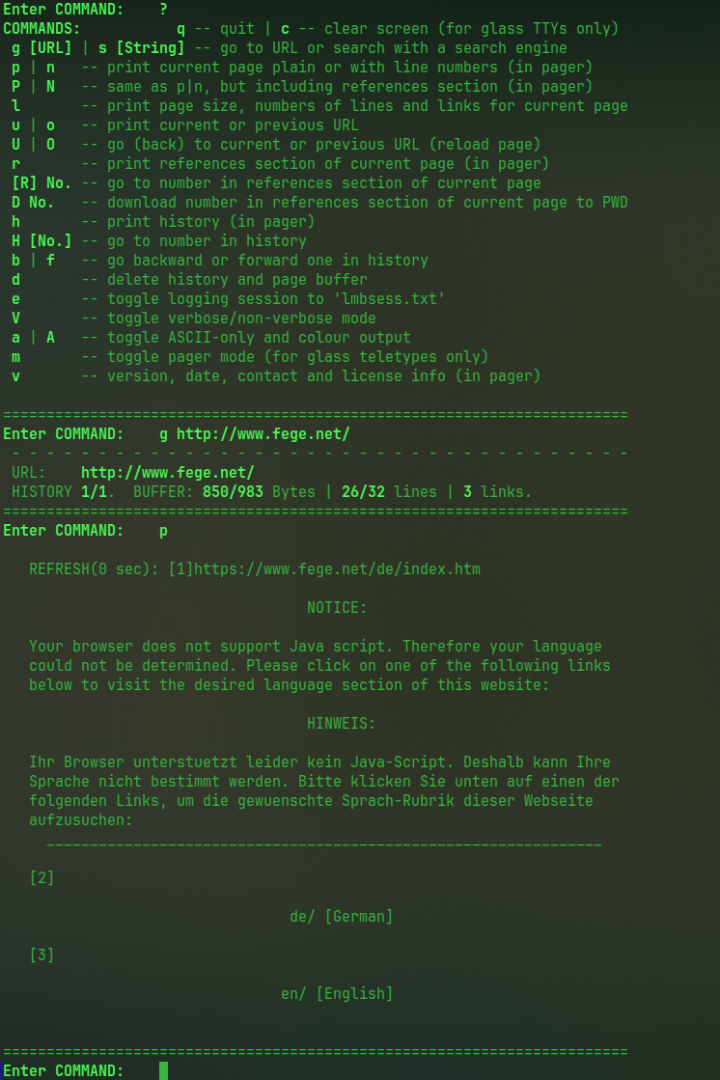 Beispiel einer Browser-Sitzung im Terminal.